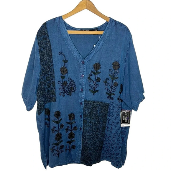 Chainstitch Embroidered Floral Art To Wear Artsy Rayon Button Down Blouse - Picture 1 of 10